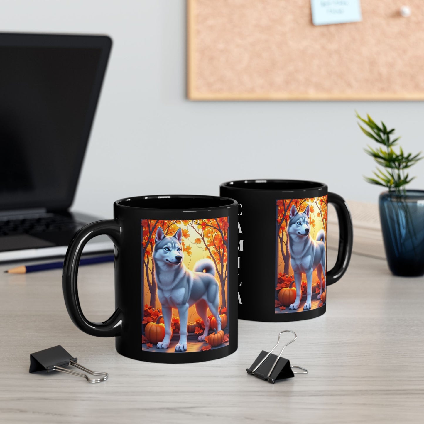 Silver Siberian Husky (Blue Eyes) fall mug, custom coffee cup gift for dog lovers and Husky parents