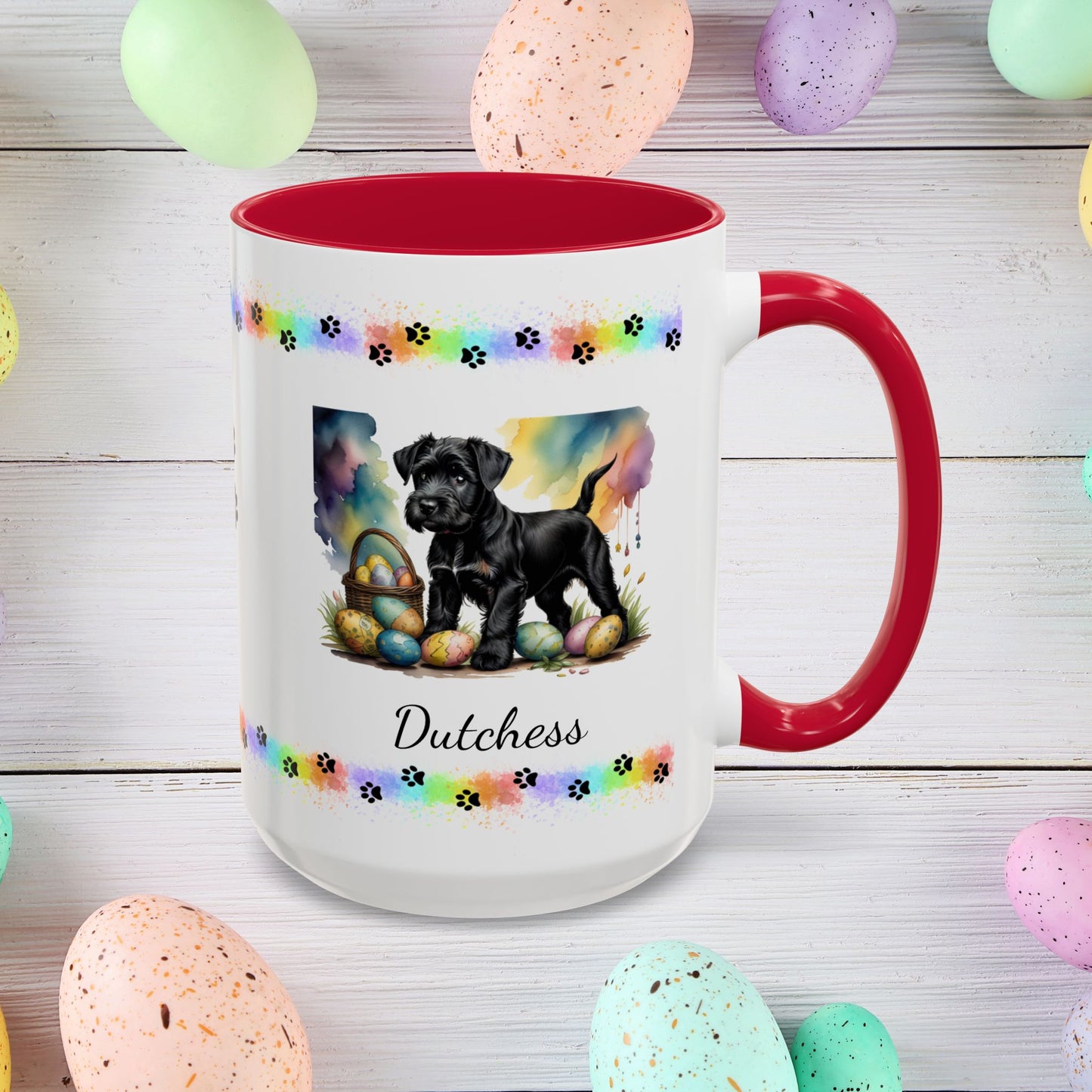 Black Schnauzer Easter puppy coffee mug personalized dog lover gift, promoting peace, positivity, and emotional wellness.