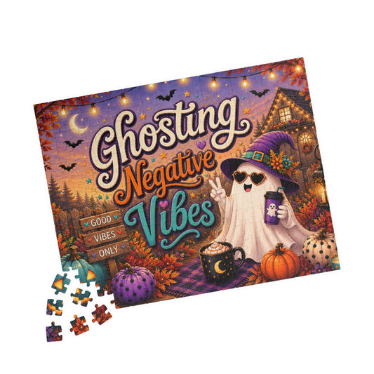 Ghosting Negative Vibes Halloween Puzzle - Cheerful Ghost with Witch Hat, Pumpkins, and String Lights