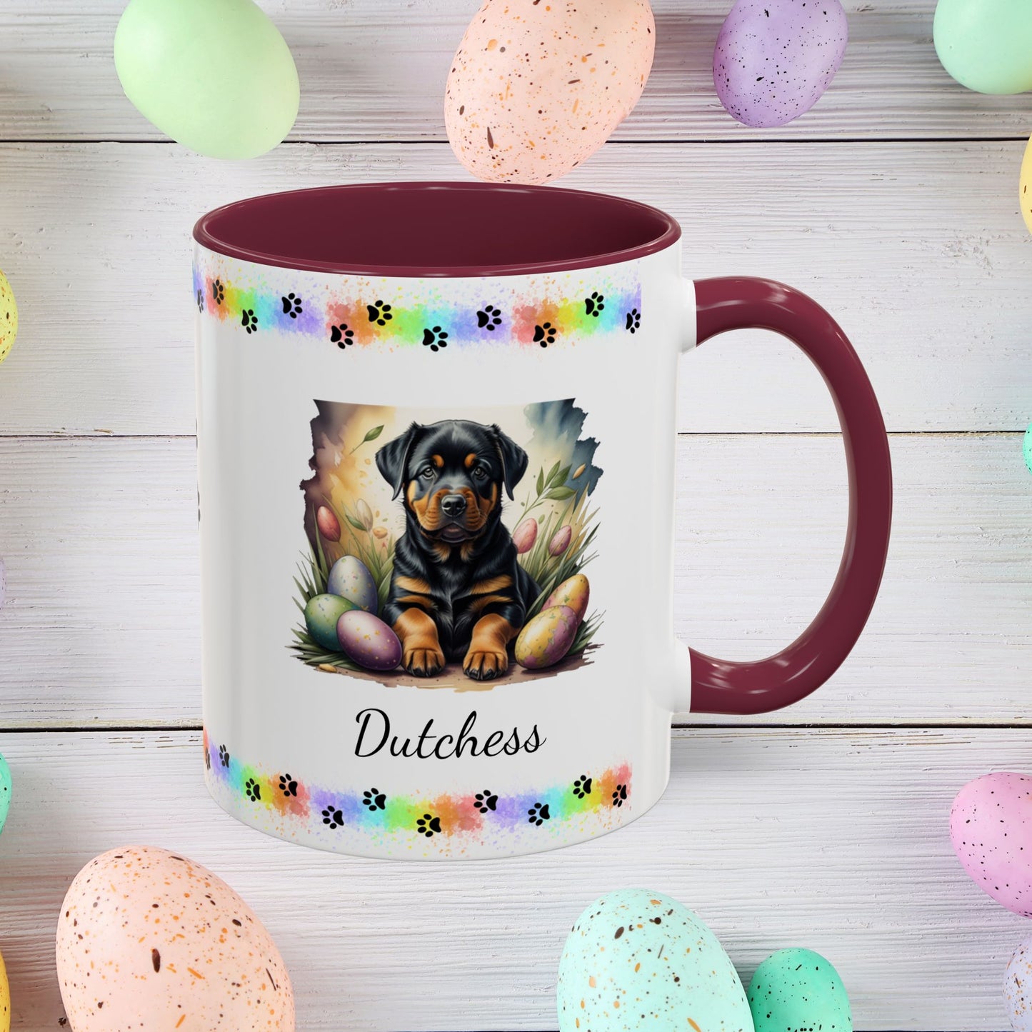 Rottweiler Easter puppy coffee mug personalized dog design, thoughtful gift for self-care and mental health awareness.