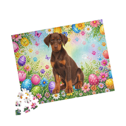 Doberman (Red & Rust) Easter Puppy Puzzle - Spring Garden with Eggs, Tulips, and Daisies