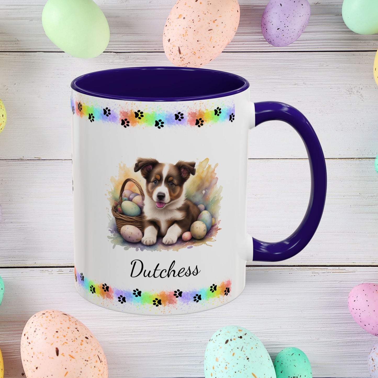 Border Collie Brown & White personalized Easter puppy mug, cute dog coffee cup, mental health awareness gift