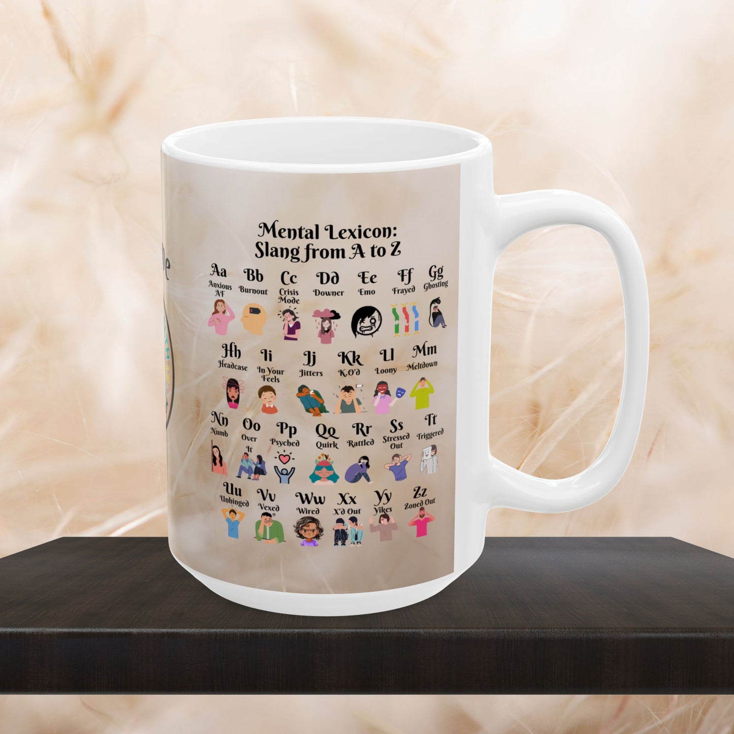 Mental Lexicon Mug with A-Z therapy slang, customizable for personal or professional mental health awareness use.
