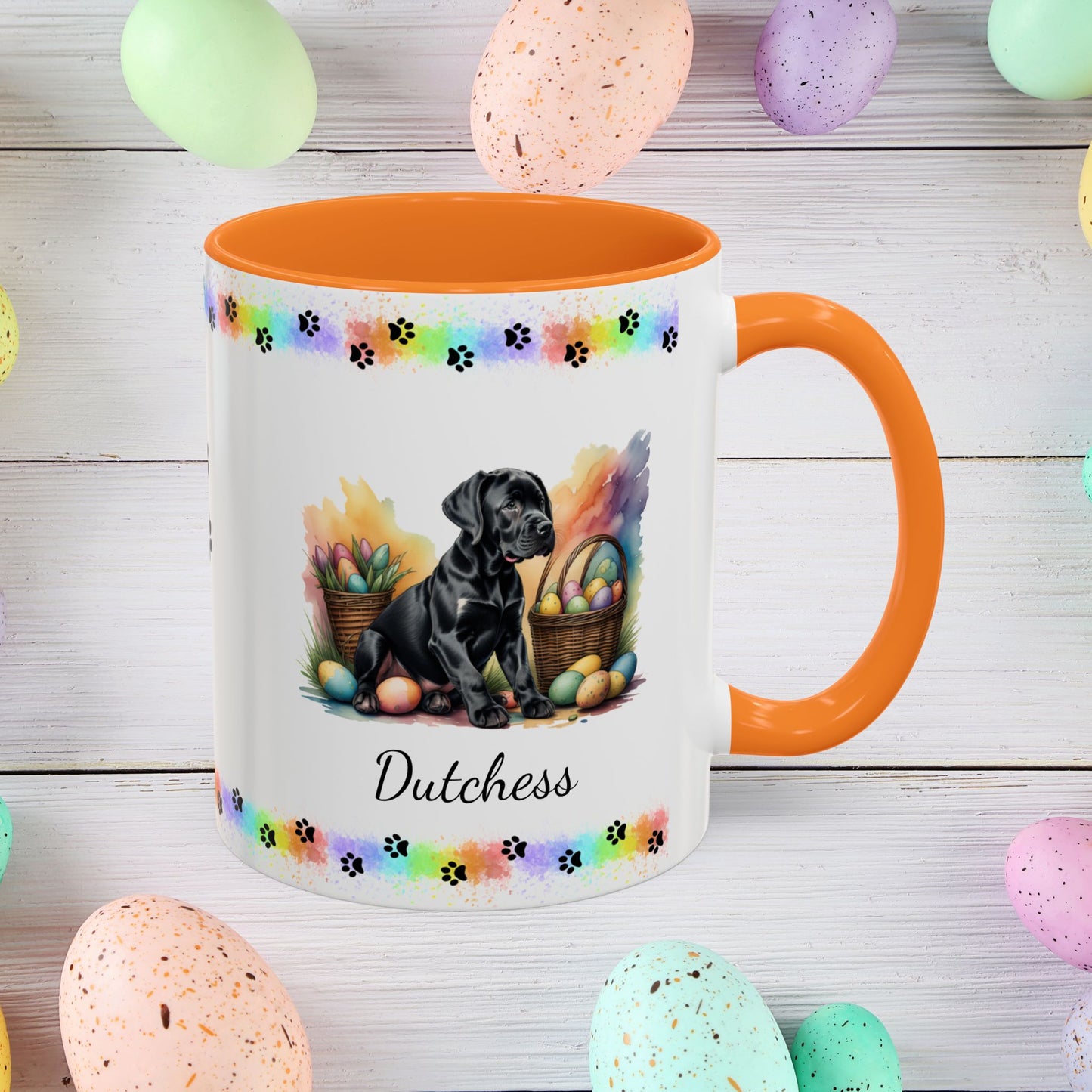 Great Dane Black Easter puppy coffee mug, personalized cute dog gift for mental health support and cozy sipping