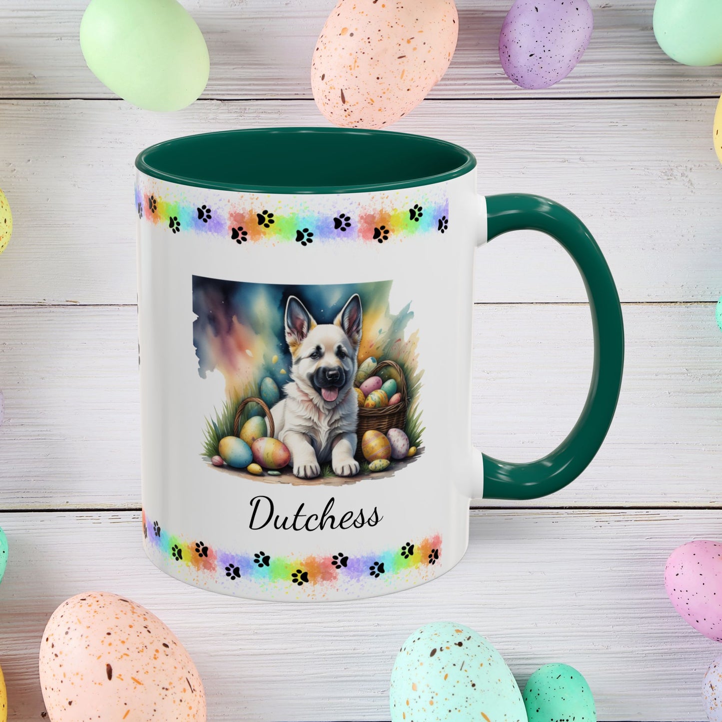 German Shepherd White Easter puppy coffee mug, personalized cute dog gift for mental health awareness and cozy sipping
