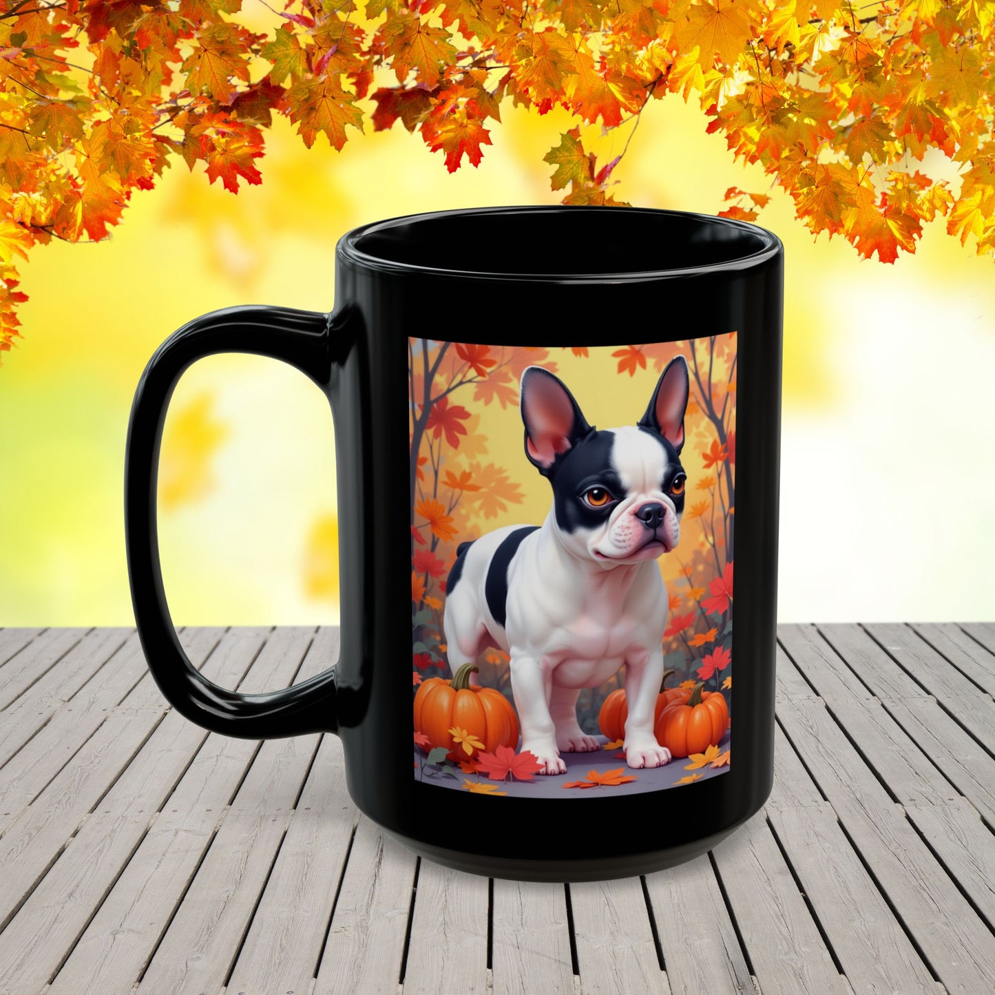 French Bulldog Black Pied - Autumn coffee mug, cozy seasonal dog lover gift for Frenchie parents