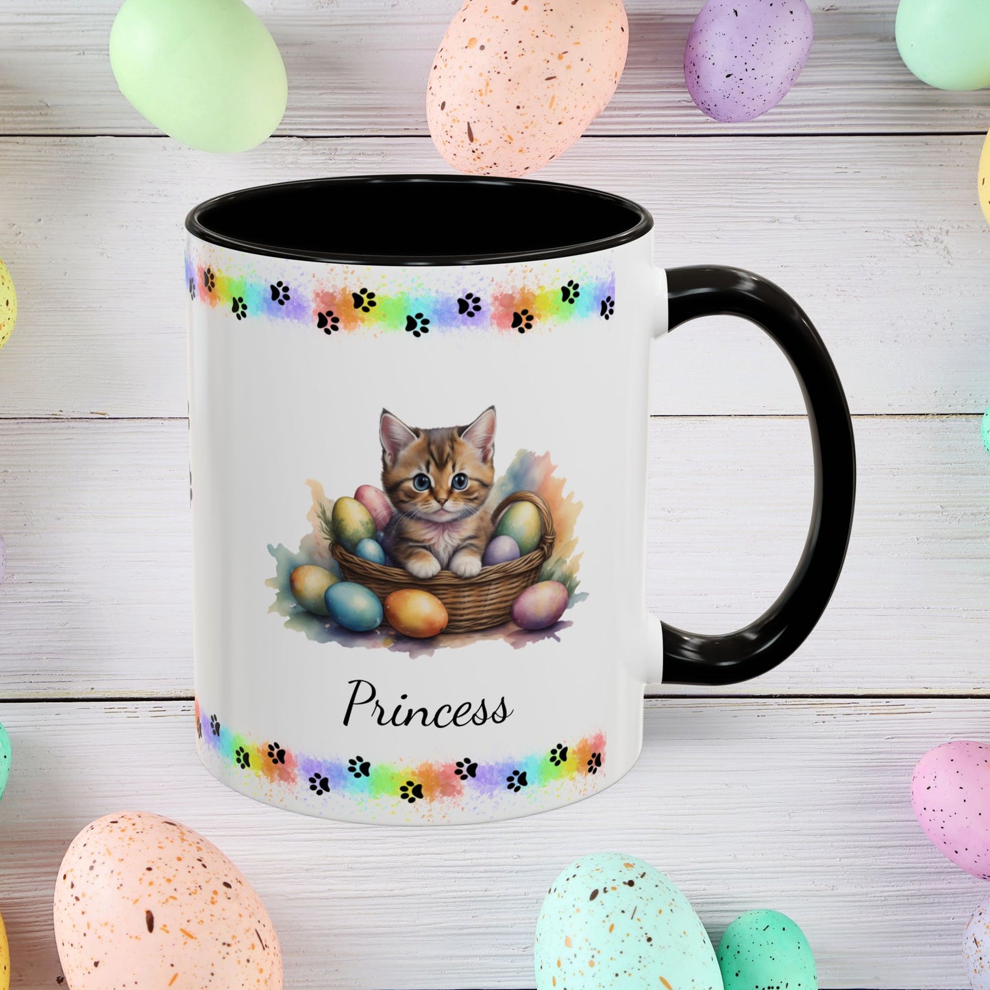 Munchkin personalized Easter coffee mug, cute kitten design, mental health awareness gift for cat lovers