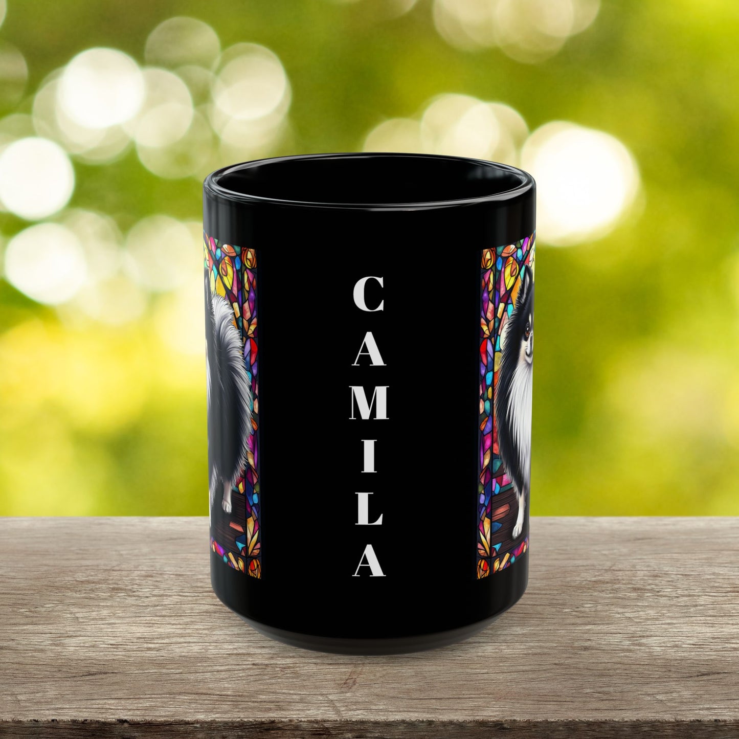 Black and white Pomeranian custom name mug for dog moms