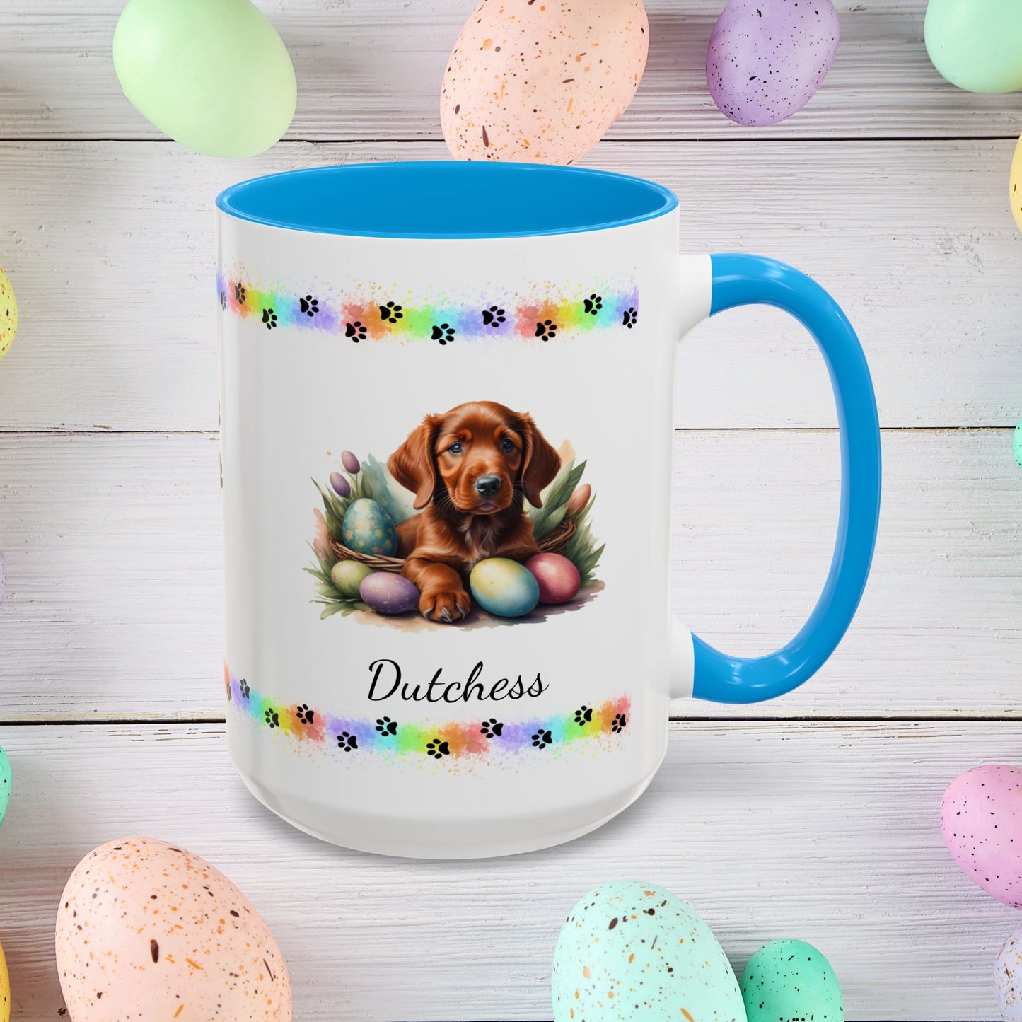 Irish Setter Easter puppy coffee mug, personalized cute dog gift for mental health support and cozy mornings