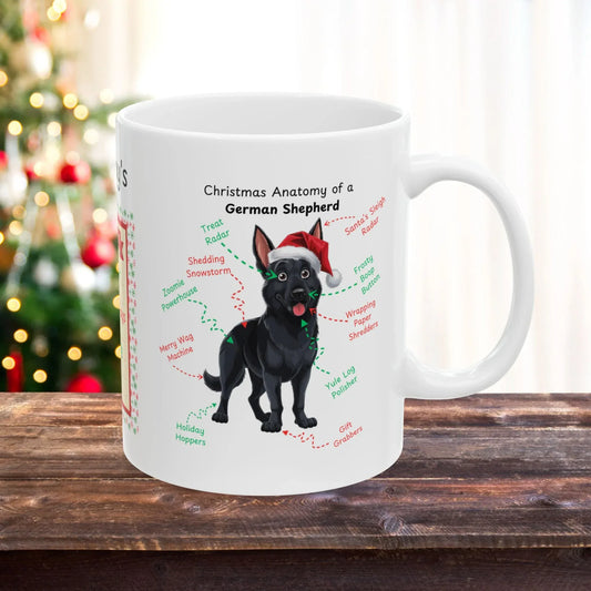 Shop our black german shepherd christmas anatomy mug featuring the 15oz style option from MySisterIsASurvivor.