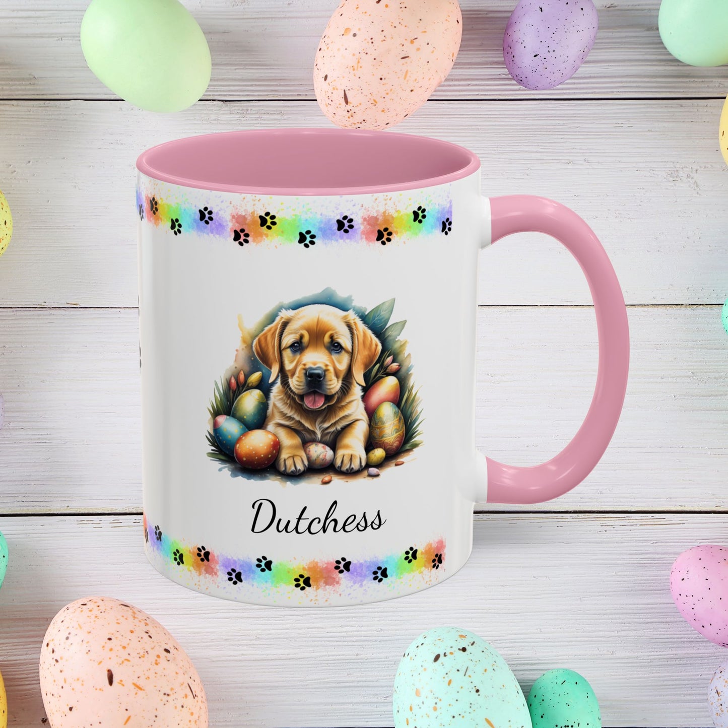 Yellow Labrador Easter puppy coffee mug personalized cute dog design, spreading joy and emotional wellness this Easter.
