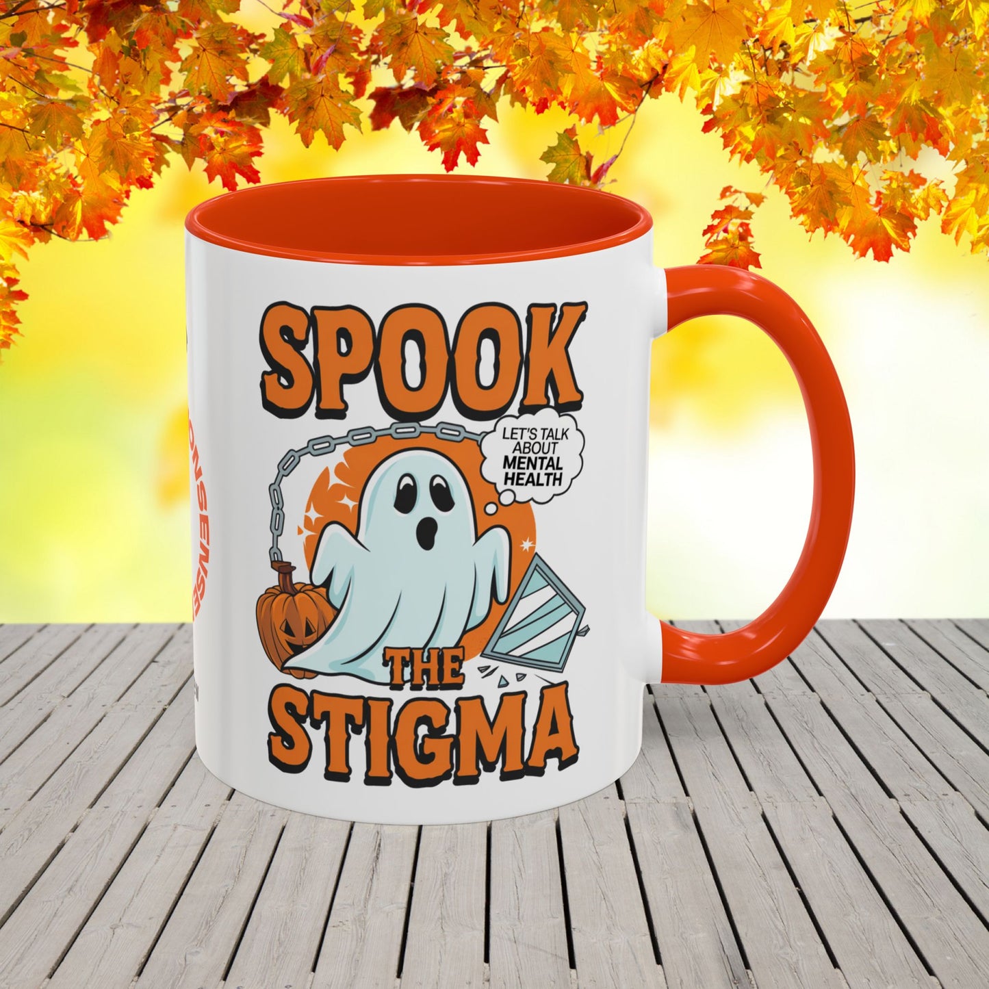 Bold Halloween mug with “Spook the Stigma” message, great for mental health awareness and fighting stigma