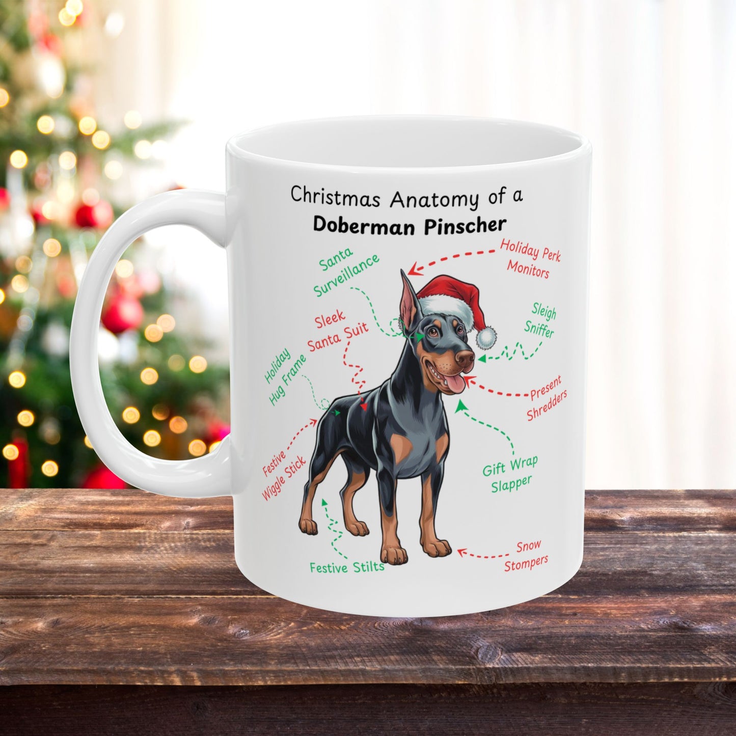 Doberman Pinscher (Blue & Rust) Personalized Christmas Dog Anatomy Mug, Funny Holiday Gift for Dog Lovers, Festive Dog Breed Coffee Cup