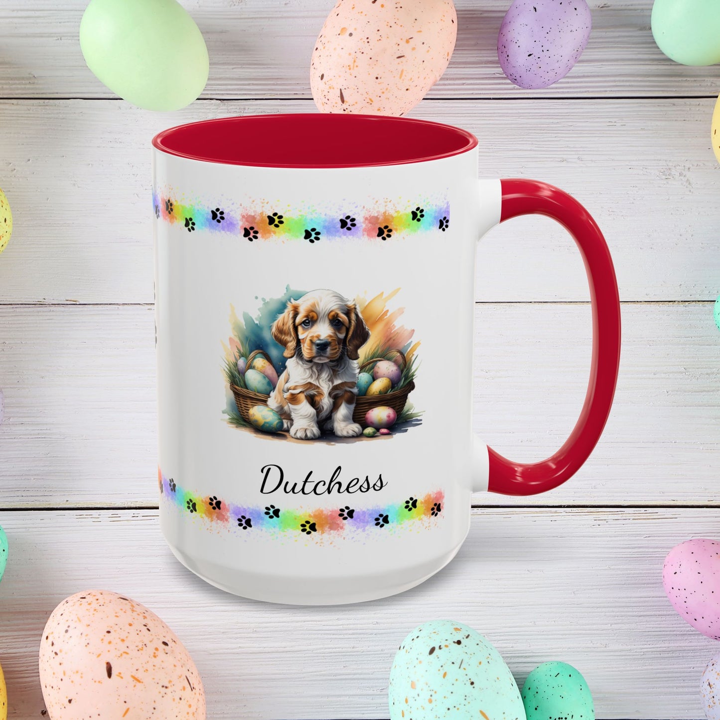 Cocker Spaniel Orange Roan personalized Easter puppy mug, cute dog coffee cup gift for mental health awareness