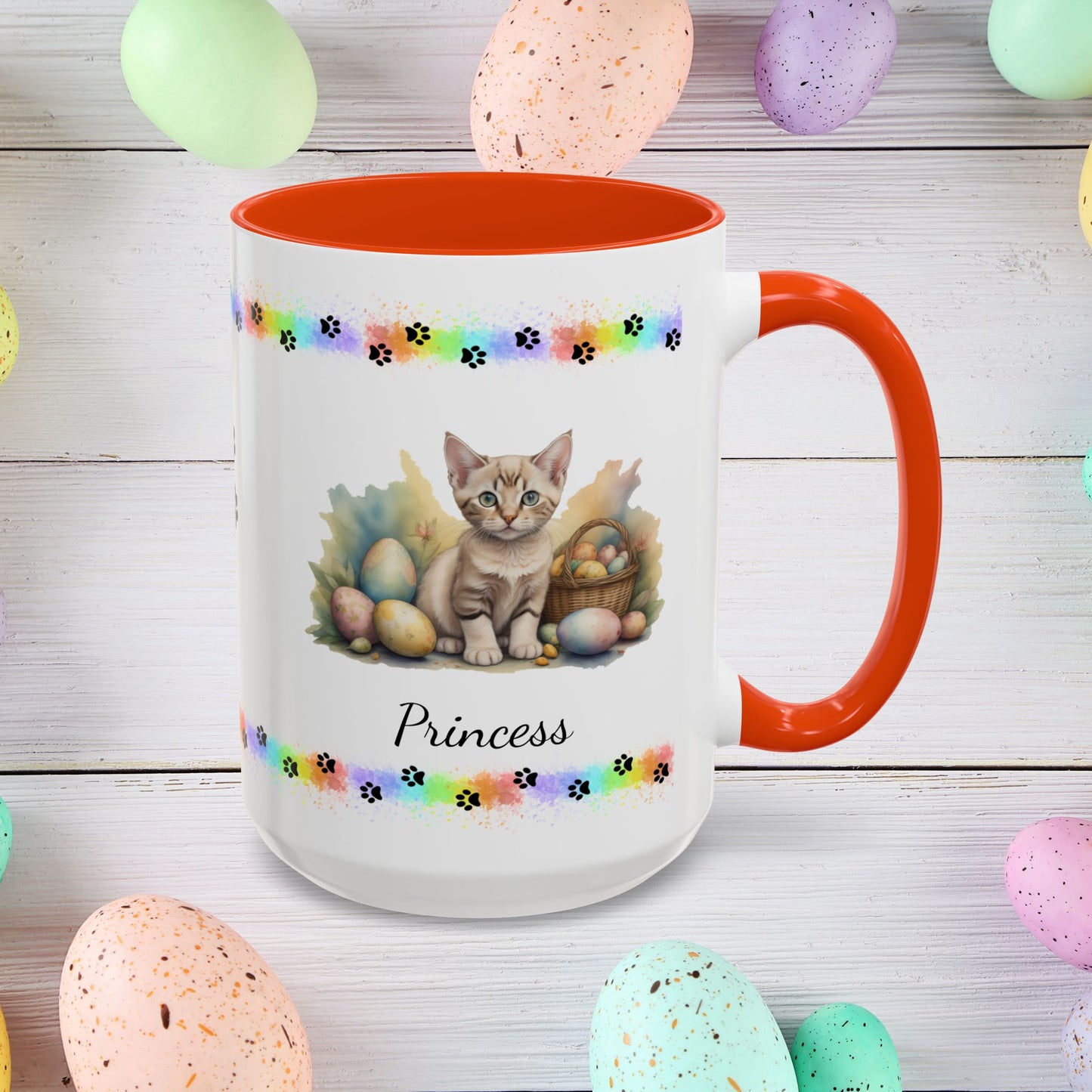 Devon Rex personalized Easter coffee mug, cute kitten design, mental health awareness gift for cat lovers