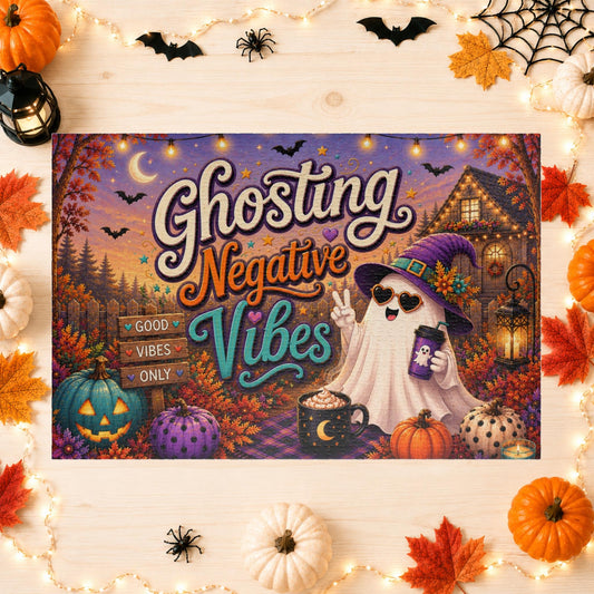 Ghosting Negative Vibes Halloween puzzle featuring ghost, witch hat, pumpkins, and festive lights