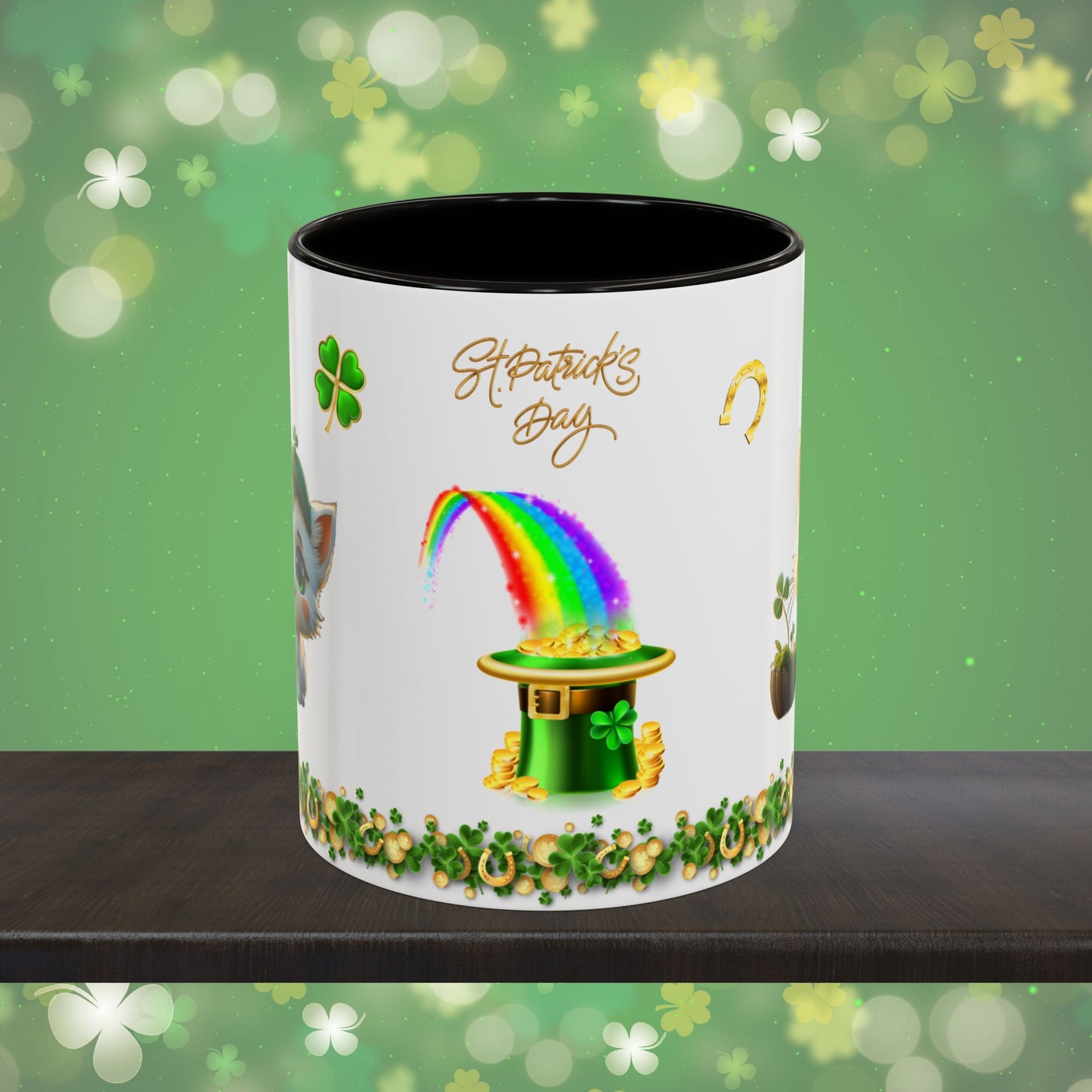 Clover Comfort Cat: St. Patrick's Day Two-Tone Coffee Mug - Festive Ceramic Mug for Positivity & Mindfulness