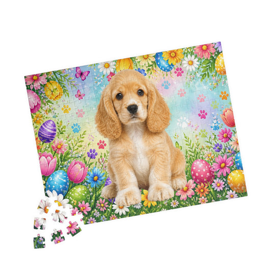 American Cocker Spaniel (Lemon & White) Easter Puppy Puzzle - Spring Garden with Eggs, Tulips, and Daisies