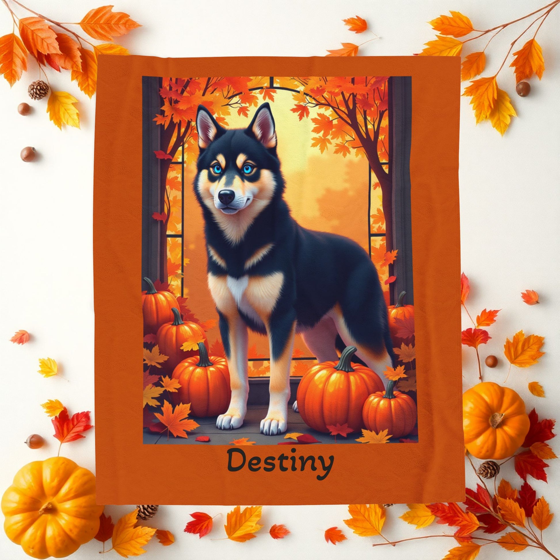 Siberian Husky Black & Tan Coat (Blue Eyes) Velveteen Blanket, Personalized Plush Dog Throw