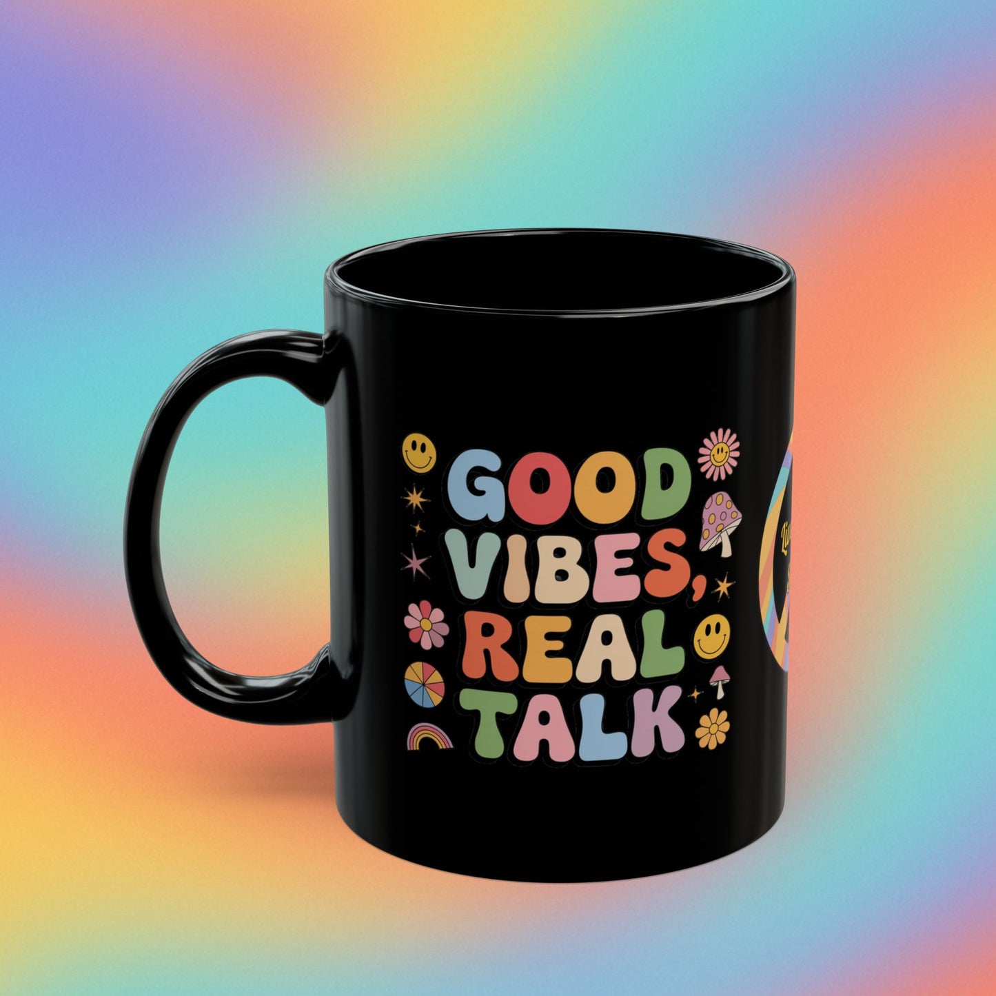Good Vibes, Real Talk retro 70s coffee mug, positive affirmations self-care gift - MySisterIsASurvivor