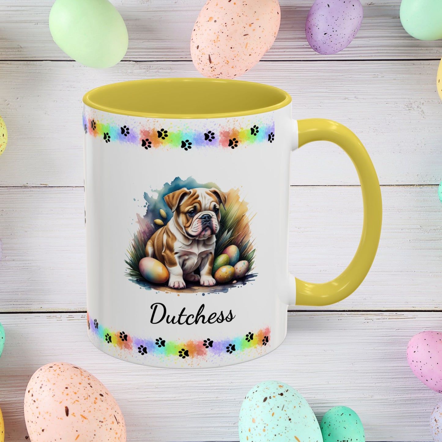 Bulldog Easter puppy coffee mug, personalized cute dog gift for mental health support and cozy mornings