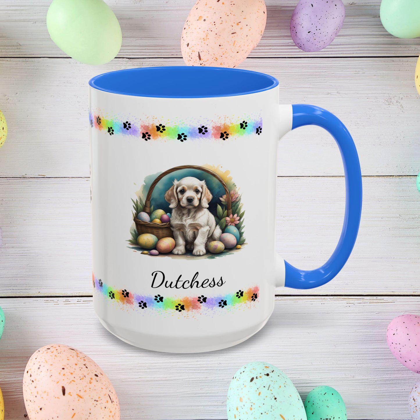 Cocker Spaniel Light Gold personalized Easter puppy mug, cute dog coffee cup gift for mental health awareness