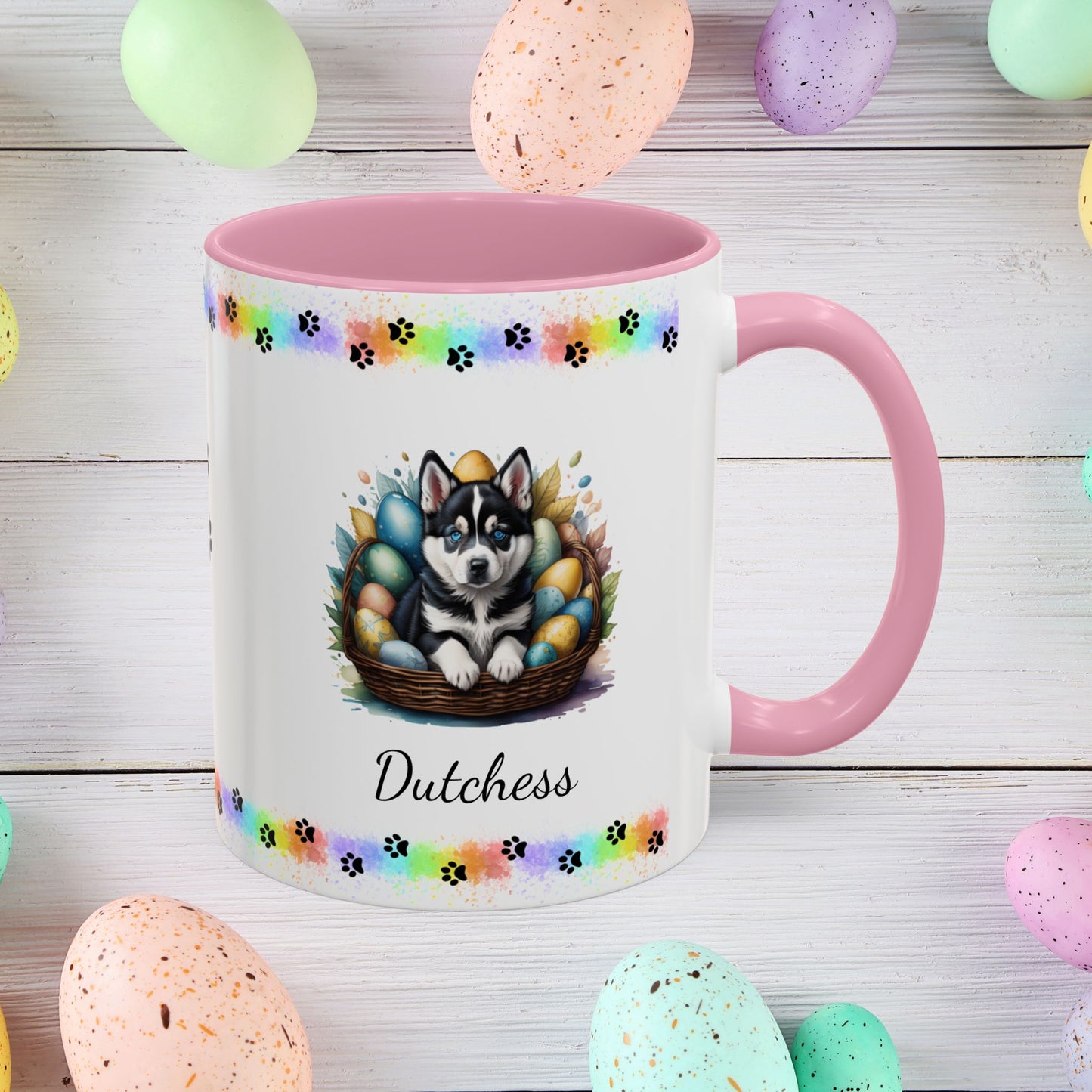 Siberian Husky Easter puppy coffee mug personalized cute dog design, uplifting gift for springtime mental health support.