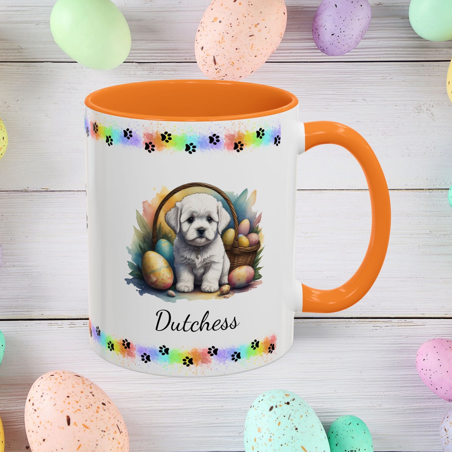 Bichon Frise personalized Easter puppy mug, cute dog coffee cup gift for mental health awareness and comfort
