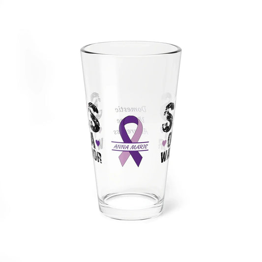 Shop our premium sis of a warrior domestic violence awareness pint glass 16oz from MySisterIsASurvivor.