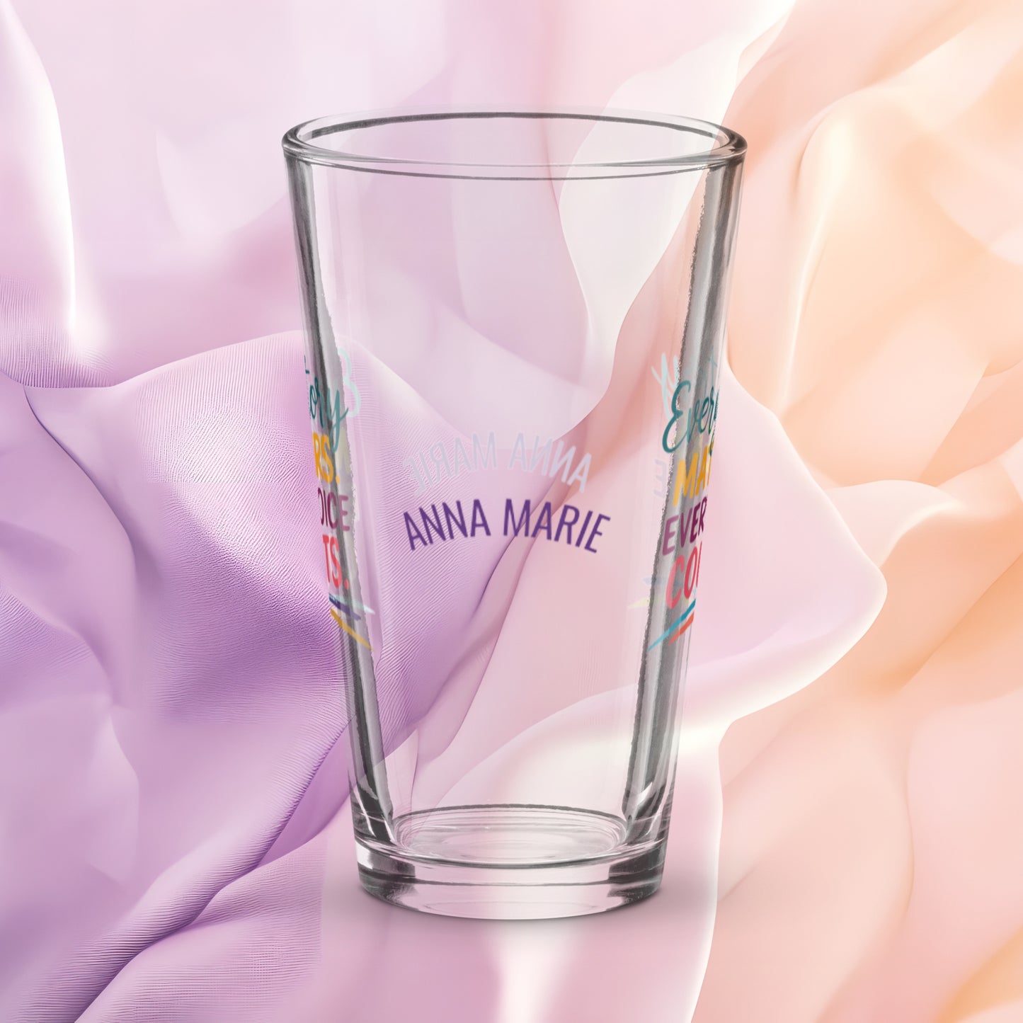 Every Story Matters Every Voice Counts pint glass, domestic violence awareness design, survivor empowerment