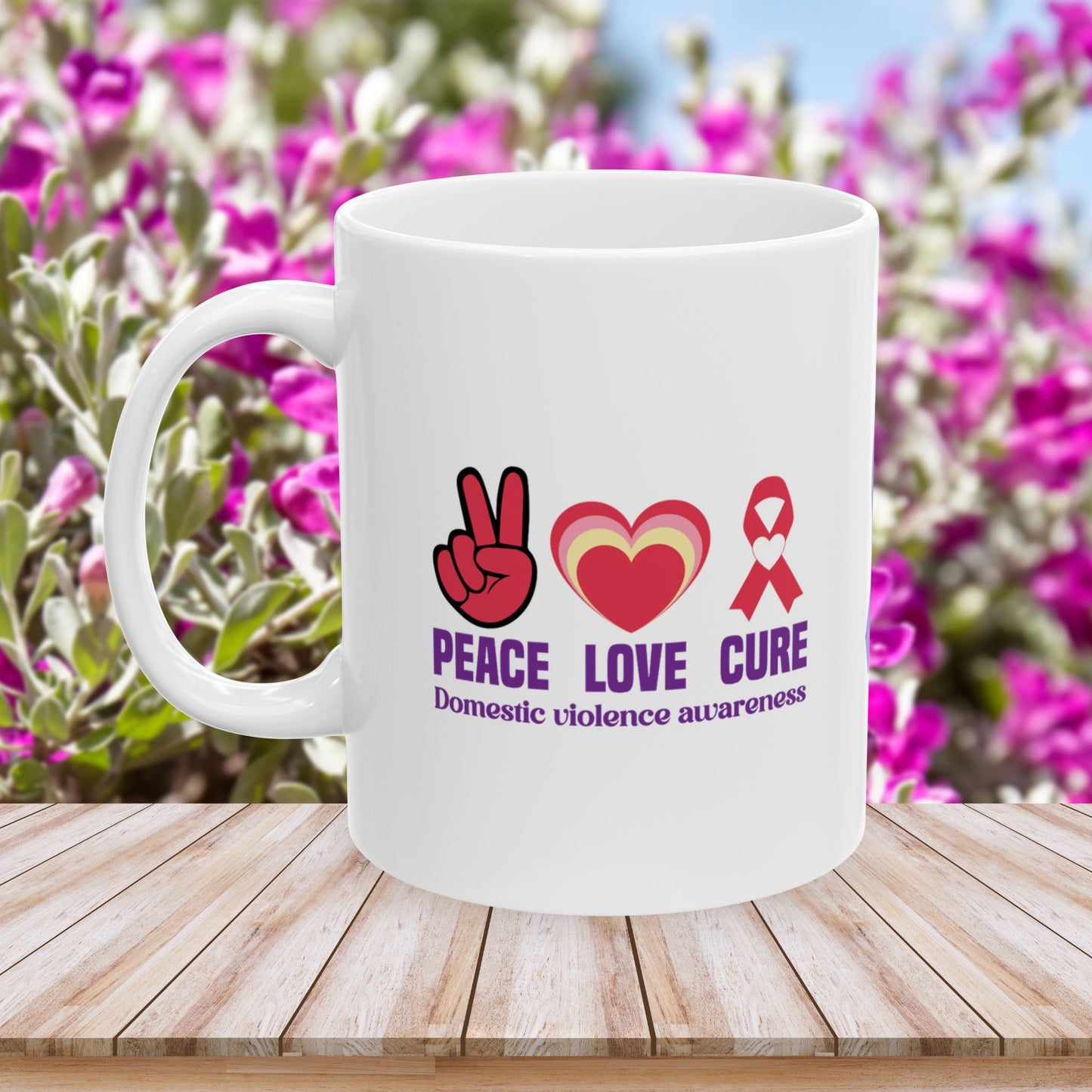 Peace Love Cure Domestic Violence Awareness Ceramic Mug - Support & Empowerment