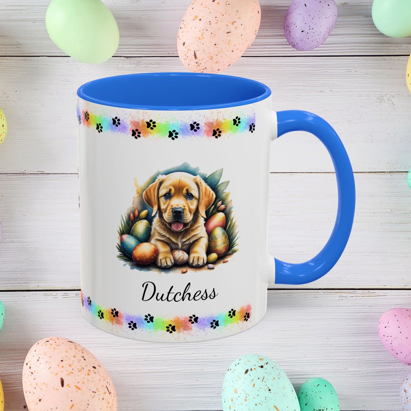Yellow Labrador Easter puppy coffee mug personalized cute dog design, spreading joy and emotional wellness this Easter.