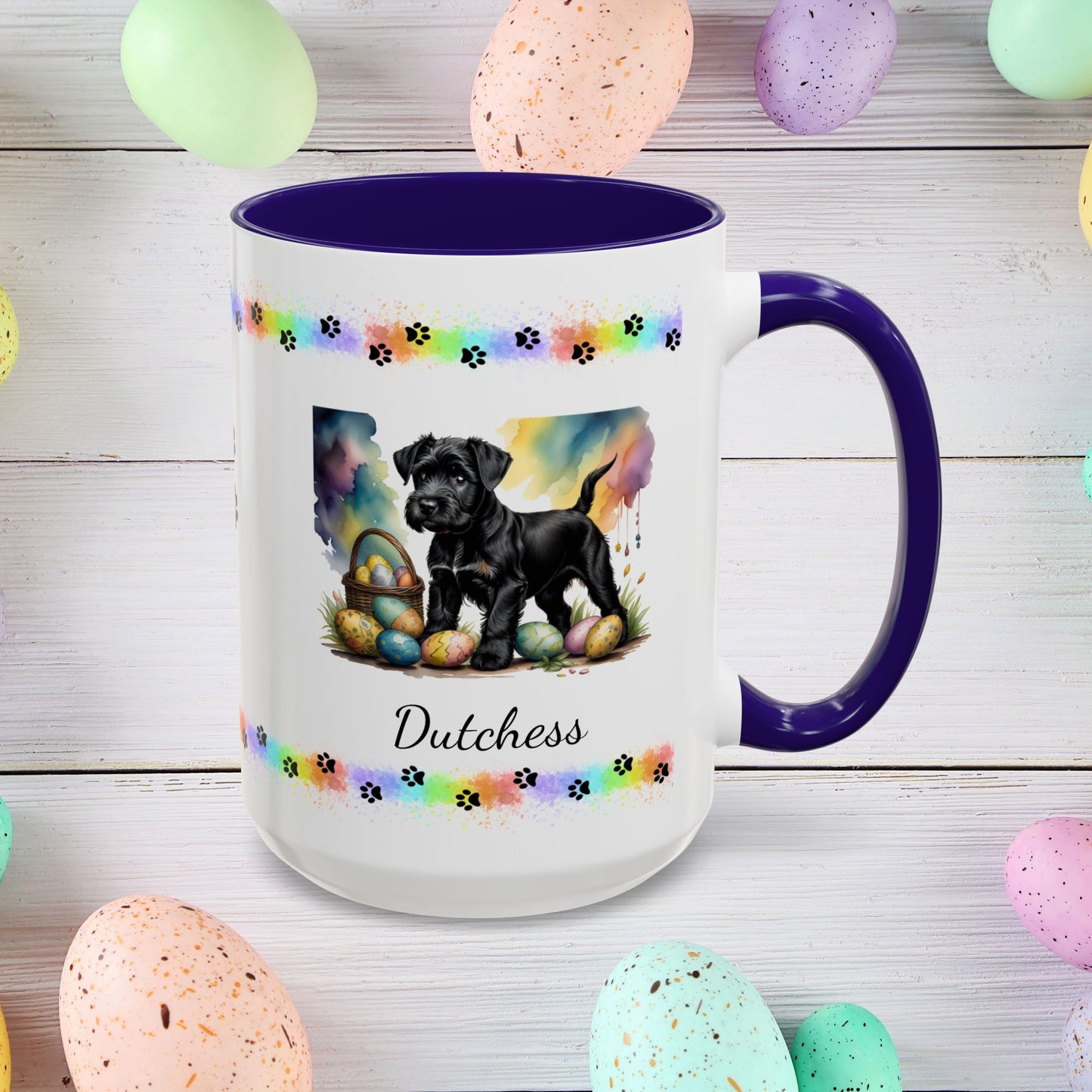Black Schnauzer Easter puppy coffee mug personalized dog lover gift, promoting peace, positivity, and emotional wellness.