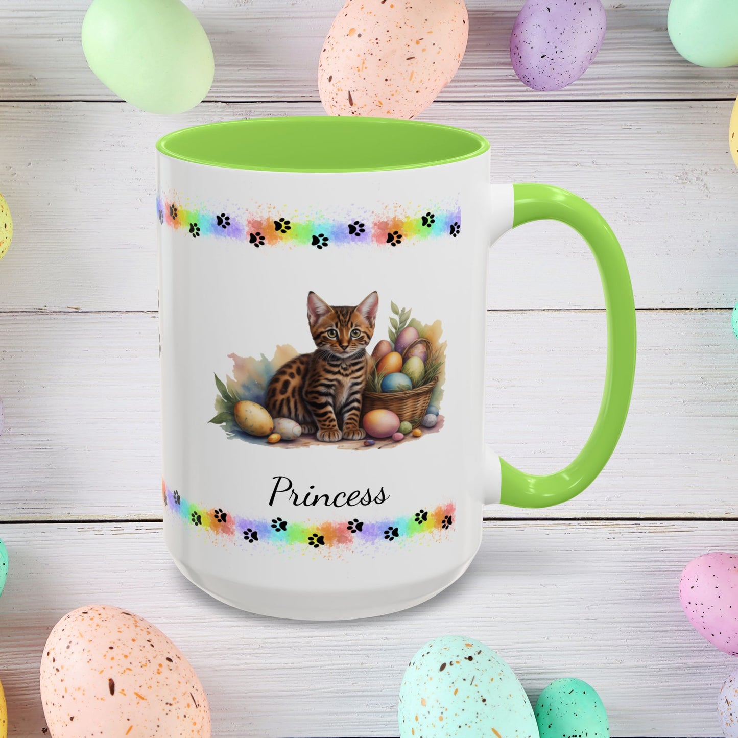 Bengal personalized Easter coffee mug, adorable kitten design, cute cat gift for mental health awareness and comfort