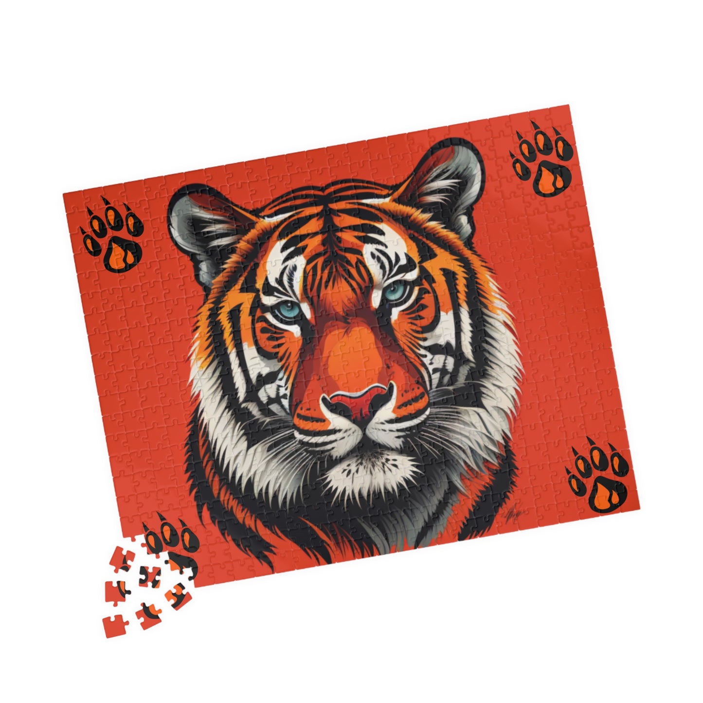 Tiger in motion with strong body language, featured on a puzzle celebrating personal power and resilience