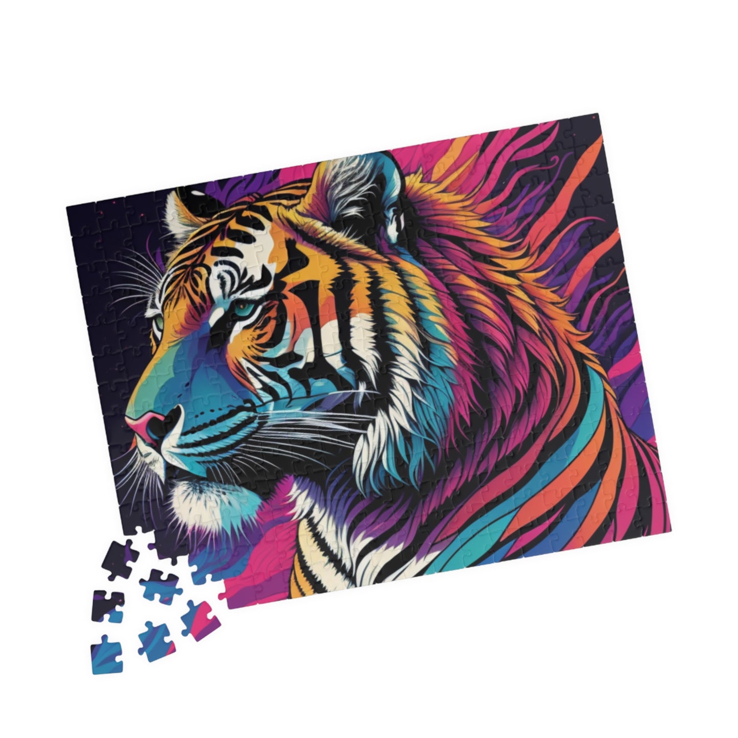 Serene tiger with a thoughtful gaze, featured in a puzzle celebrating quiet strength and balance
