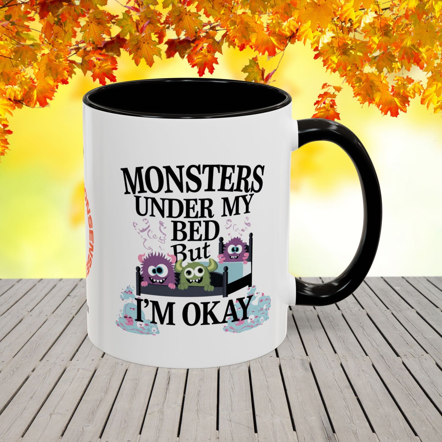 Empowering Halloween mug with monsters-under-the-bed theme, designed for anxiety support and mental health warriors
