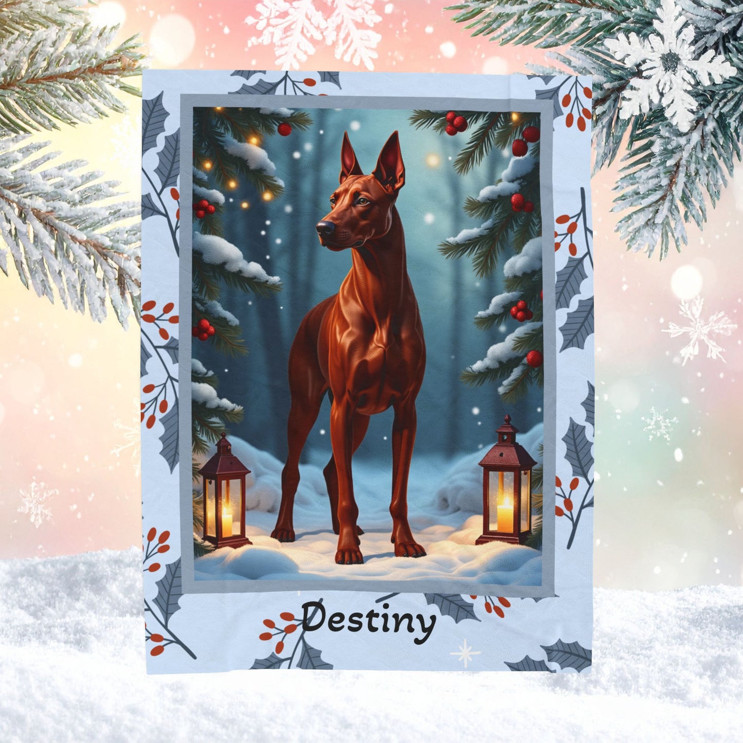 Doberman Red custom winter dog blanket featuring a Doberman standing in a bright snowy lodge-style illustration