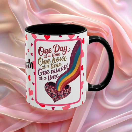 Shop our one day at a time valentines day mug featuring the 11oz style option from MySisterIsASurvivor.