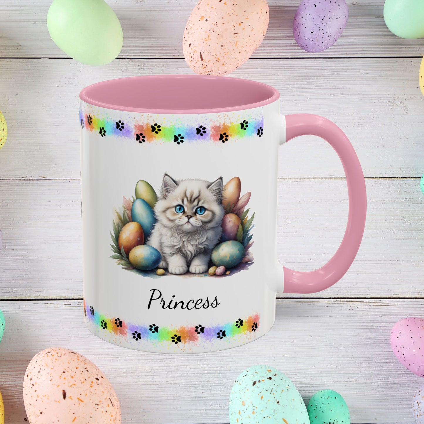 Persian Easter kitten coffee mug, personalized cute cat gift, mental health support and festive drinkware