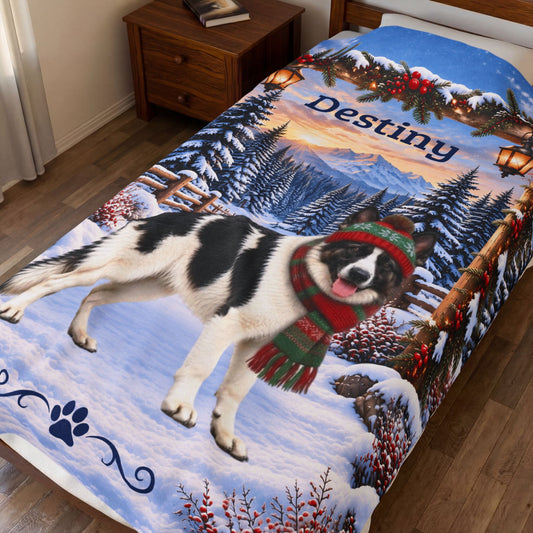 German Shepherd (Black & White Coat) - Personalized Winter Cabin Throw, Custom Name Velveteen Blanket - MySisterIsAsurvor