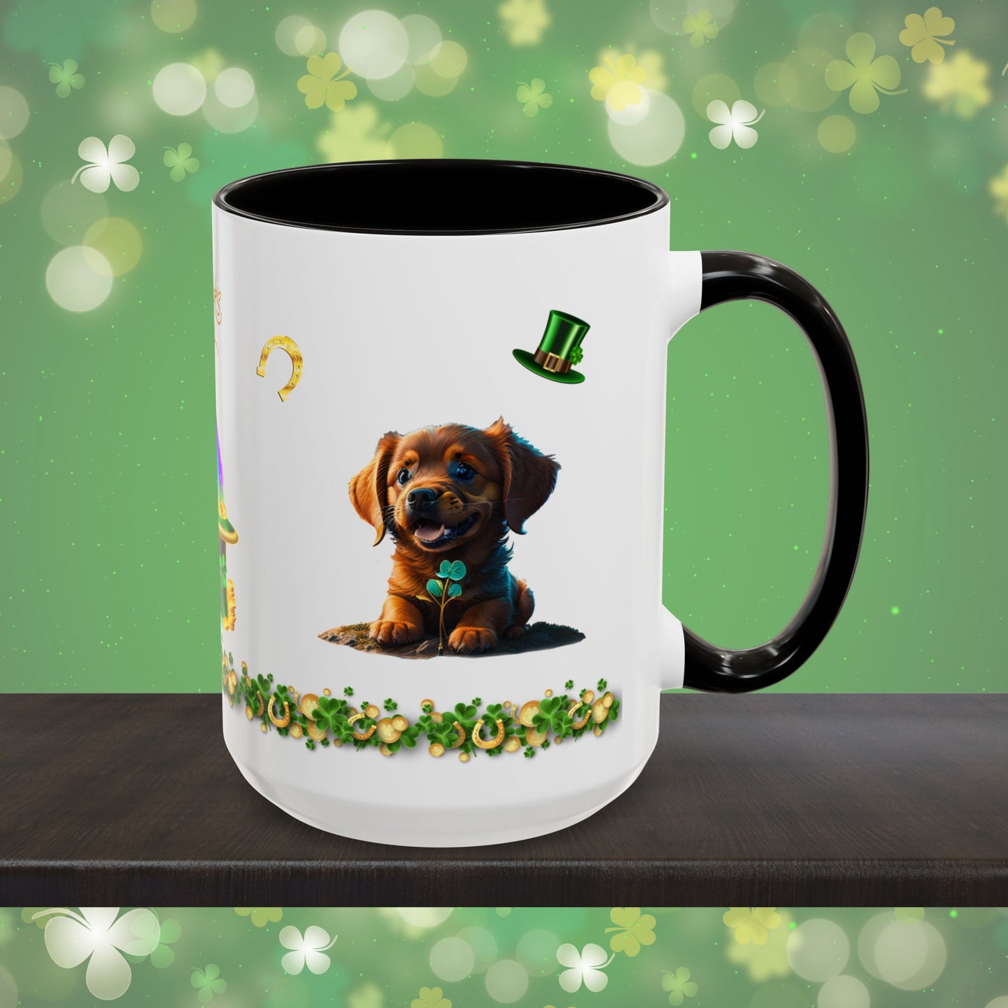 Shamrock Serenity Puppy: St. Patrick's Day Two-Tone Coffee Mug - Festive Ceramic Mug for Positivity & Mindfulness