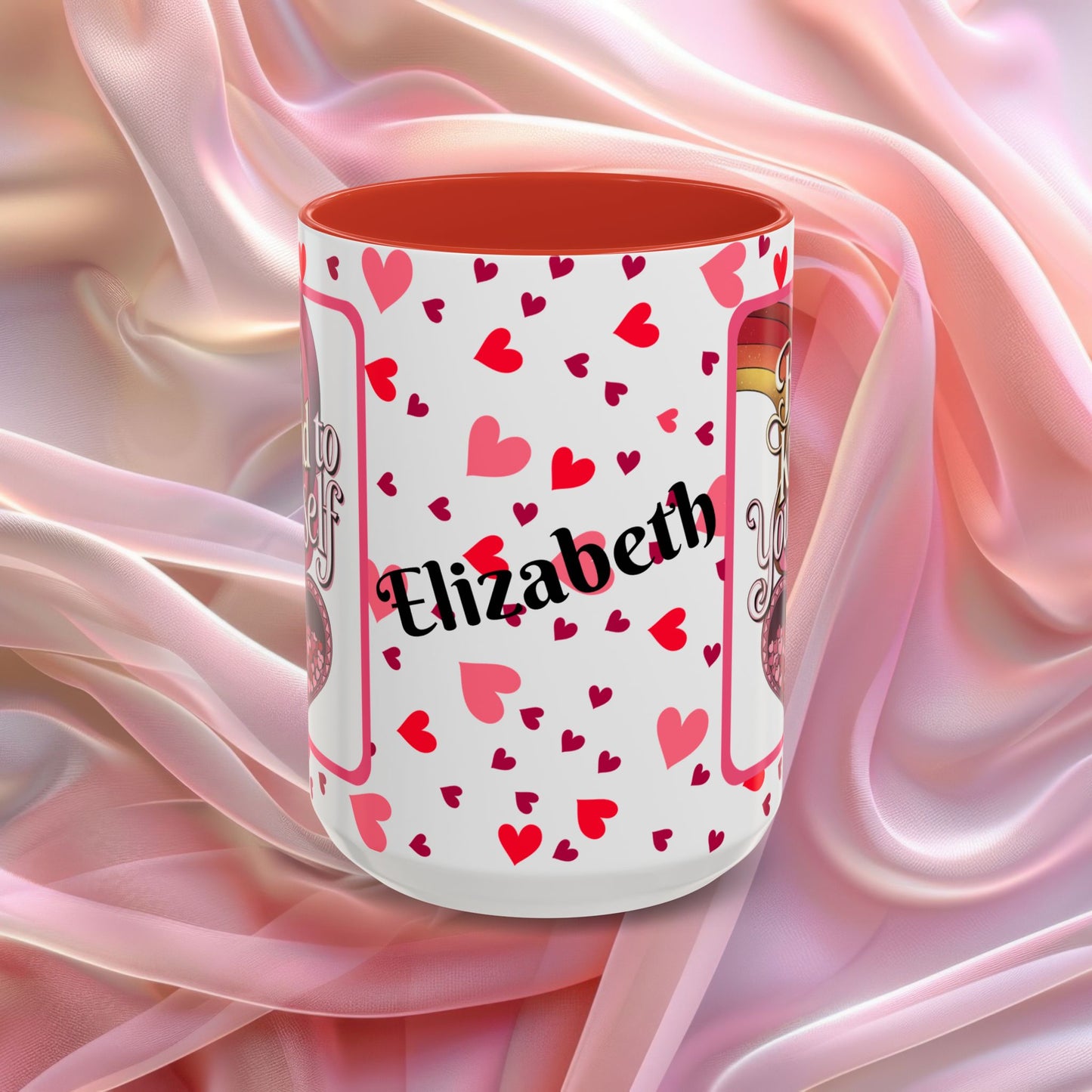 Be Kind To Yourself Valentines mug with self care message, red and pink Valentine design, affirmation coffee cup