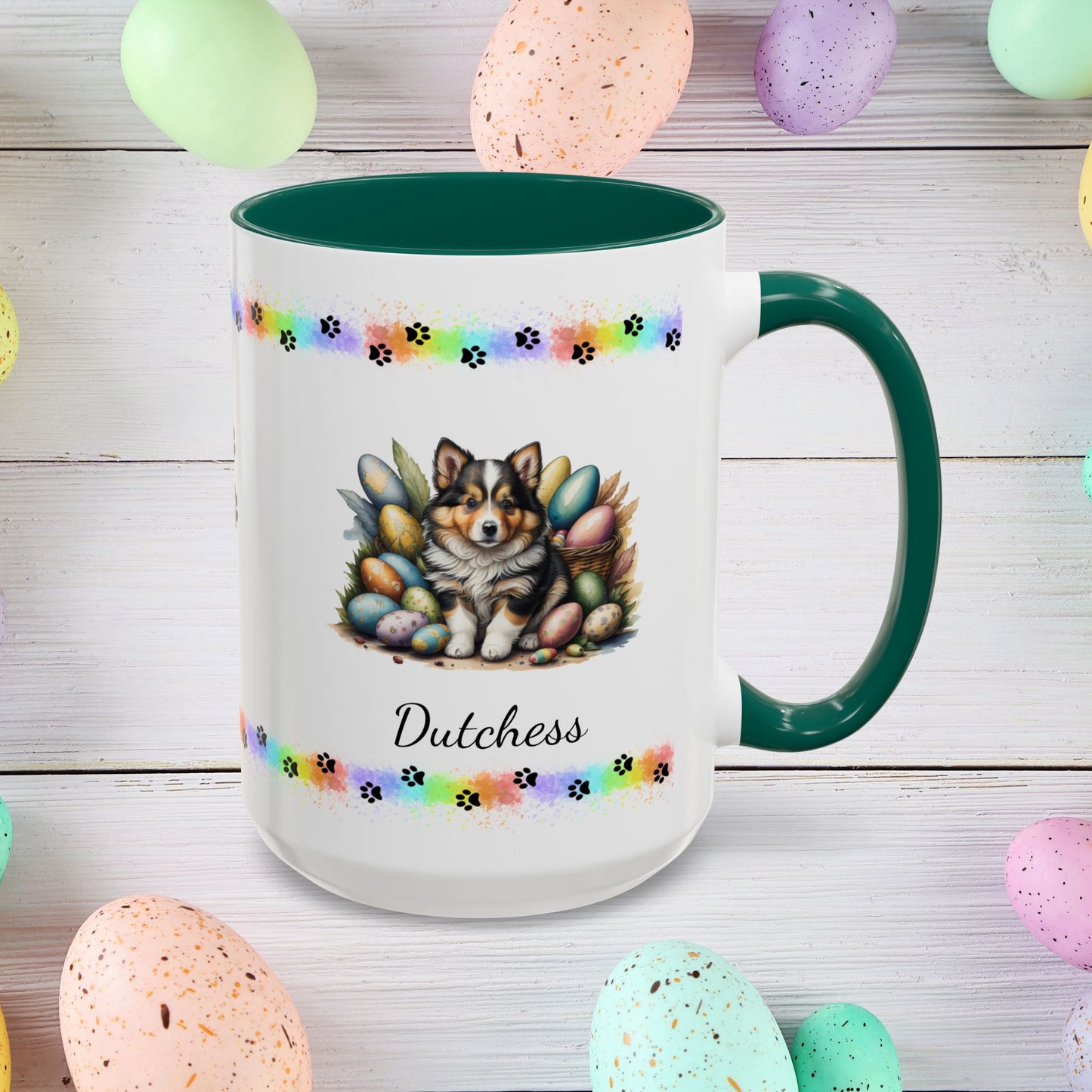 Shetland Sheepdog Easter puppy coffee mug personalized cute dog design, great for mindful mornings and Easter décor.