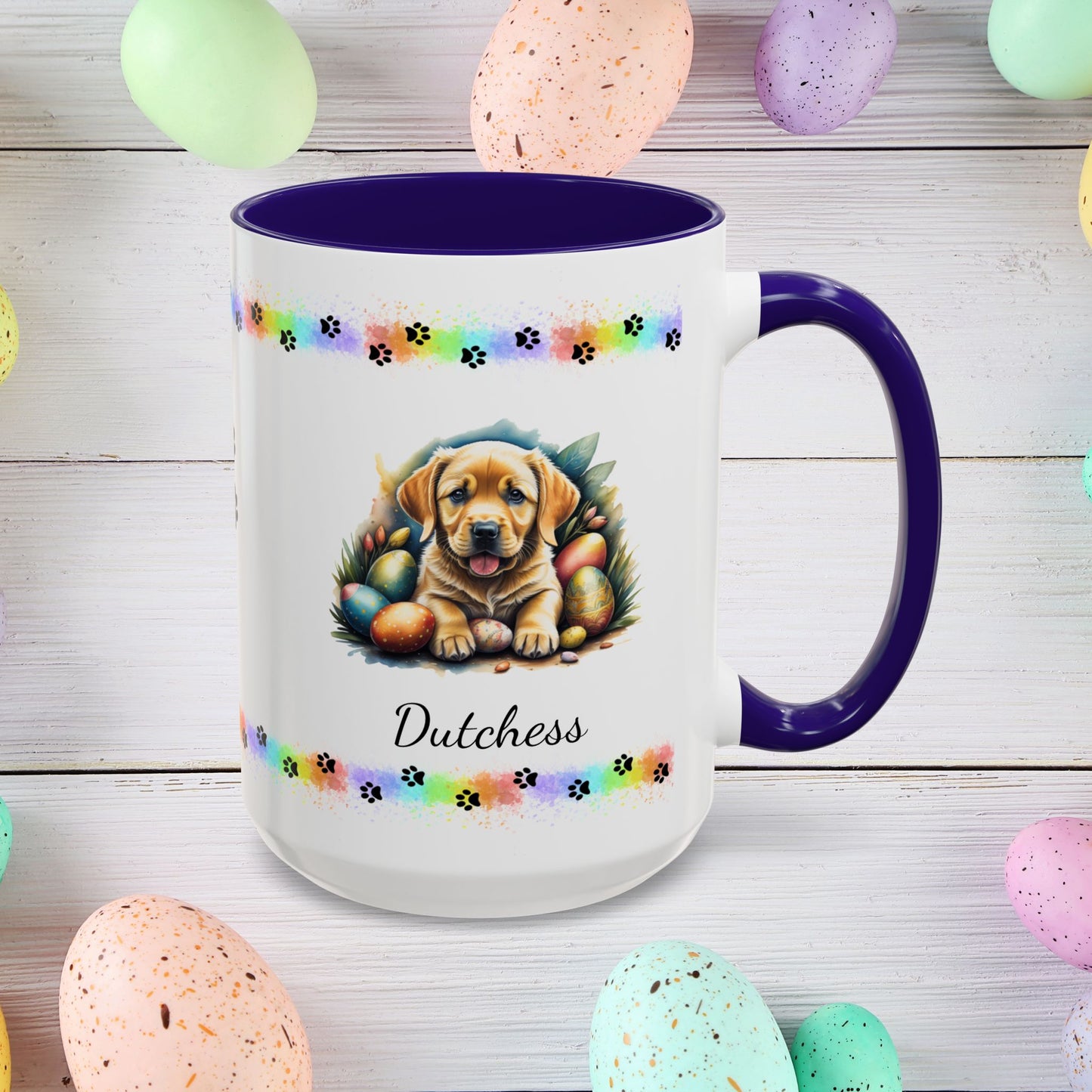 Yellow Labrador Easter puppy coffee mug personalized cute dog design, spreading joy and emotional wellness this Easter.