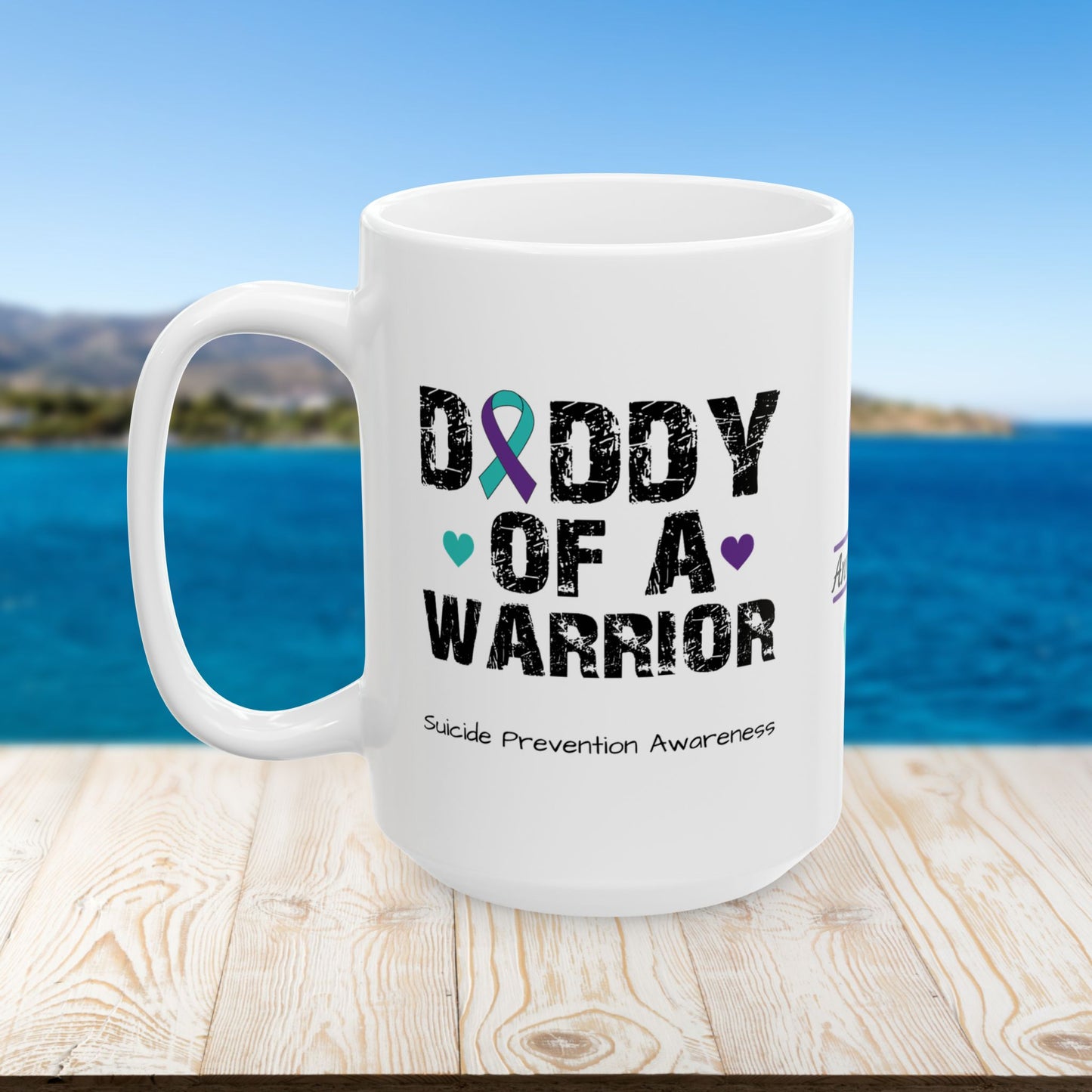 Daddy of a Warrior mug with custom name - mental health support and suicide awareness design
