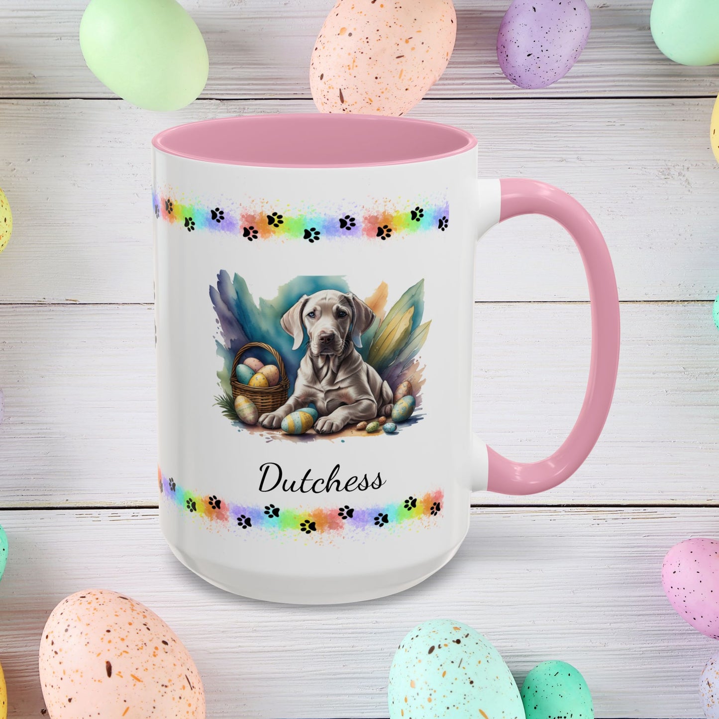 Weimaraner taupe Easter puppy coffee mug personalized dog design, ideal for promoting calm, comfort, and spring cheer.