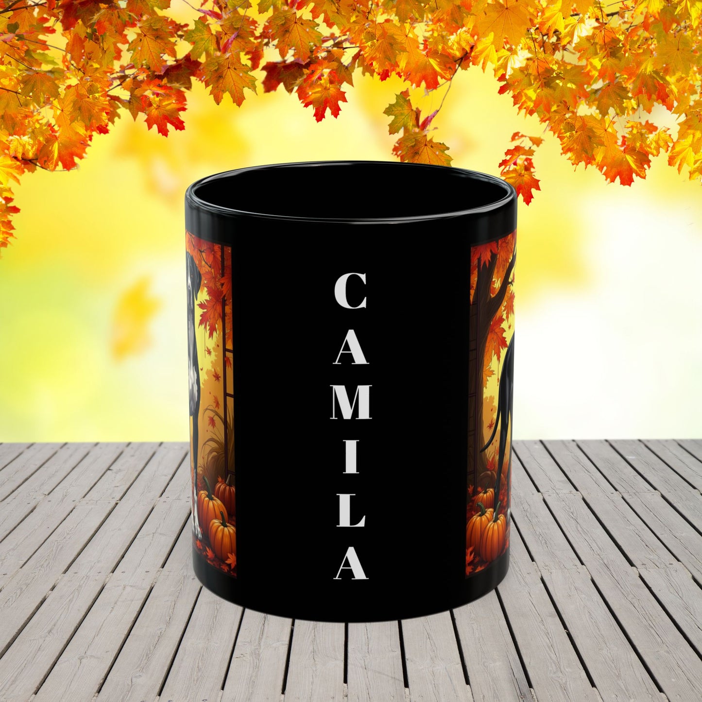 Great Dane Mantle - Autumn black mug, fall coffee cup for dog moms and seasonal Great Dane gift