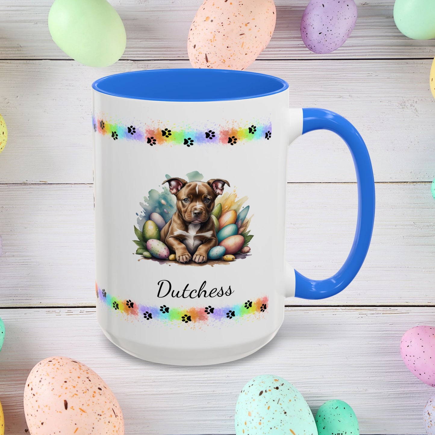 Pitbull (Brown): Personalized Easter Puppy Coffee Mug - Adorable Dog Design, Mental Health Gift, 11oz & 15oz, 12 Color Choices, Easter Gifts & Décor