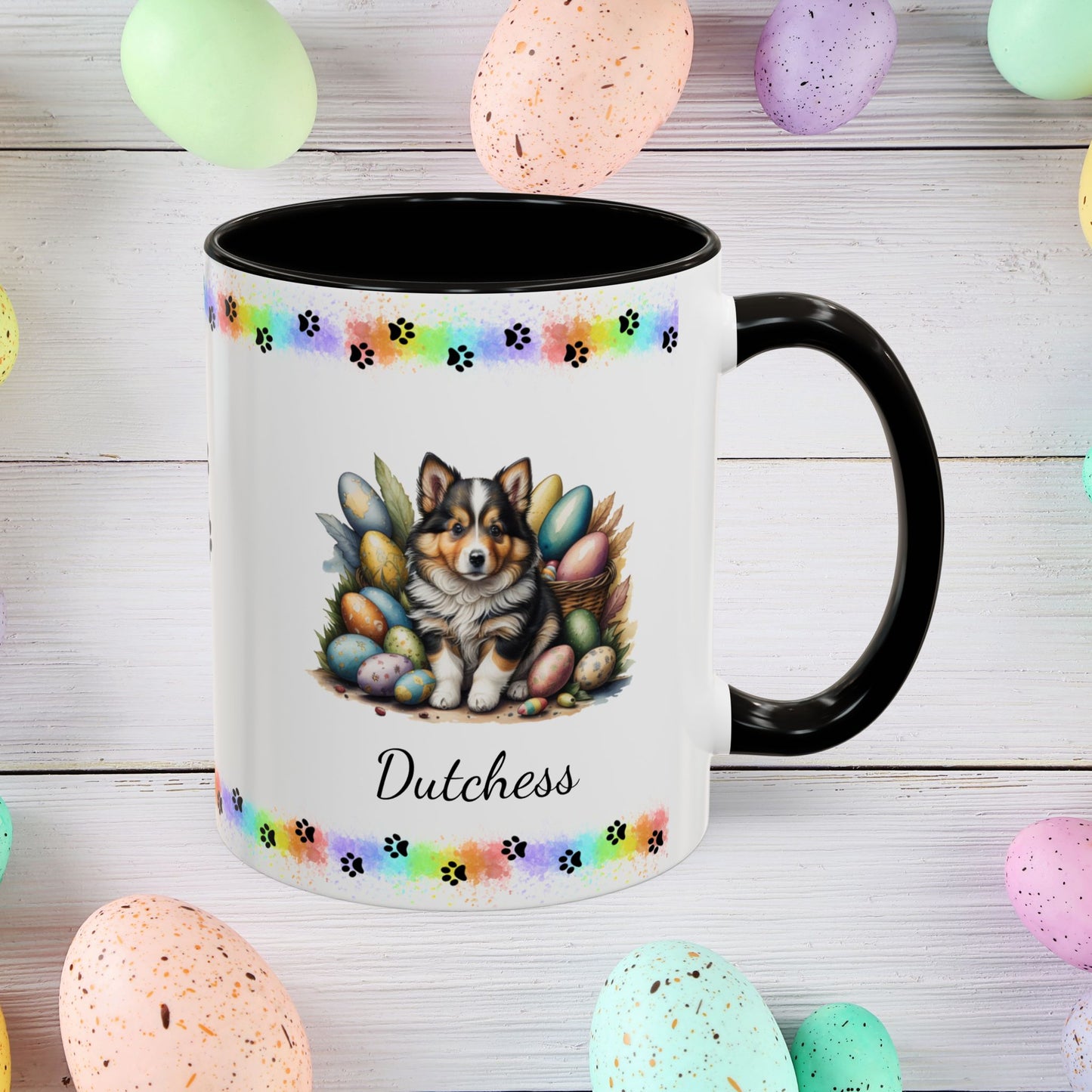 Shetland Sheepdog Easter puppy coffee mug personalized cute dog design, great for mindful mornings and Easter décor.